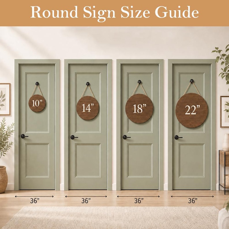 May include: A Round Sign Size Guide graphic showing four circular wooden signs hanging on sage green doors. The signs are labeled with diameters of 10 inches, 14 inches, 18 inches, and 22 inches, while each door is labeled as 36 inches wide.