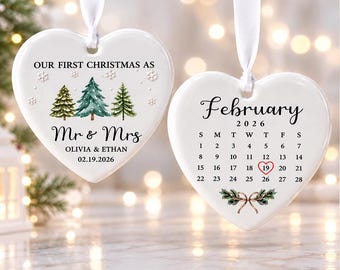 Personalized First Christmas Married Ornament 2026, Double Sided Wedding Date Ornament, Mr and Mrs Newlywed Gift, Custom Wedding Keepsake