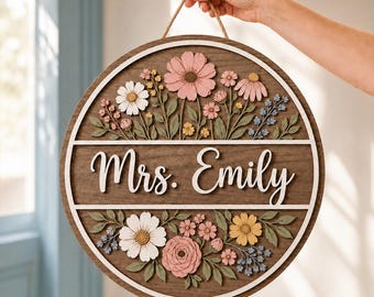 Personalized Wildflower Teacher Door Sign, Floral Classroom Door Hanger, Custom Teacher Name Sign, Boho Teacher Decor, Teacher Gift