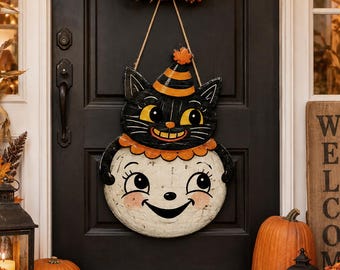 Retro Halloween Wood Sign, Vintage Pumpkins Cats & Ghosts Decor, Spooky Halloween Wall Art, Fall Porch Sign, Halloween Home Decor