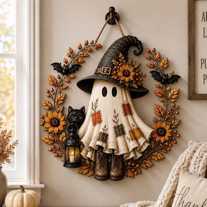 May include: A decorative wall wreath featuring a central ghost figure wearing a black witch hat with sunflowers, surrounded by autumn leaves, berries, and two black bats. The ghost wears brown boots and holds a black lantern with a black cat.