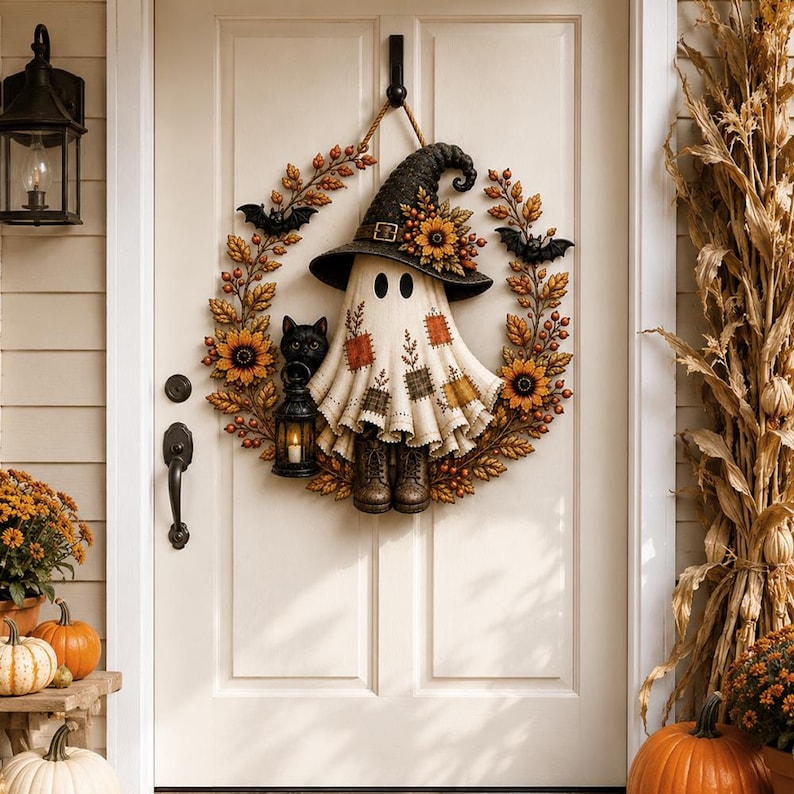 May include: A circular autumn wreath featuring a central ghost figure wearing a black witch hat with sunflowers, patches, and boots. The wreath is decorated with orange leaves, berries, sunflowers, two black bats, and a black cat holding a lantern.
