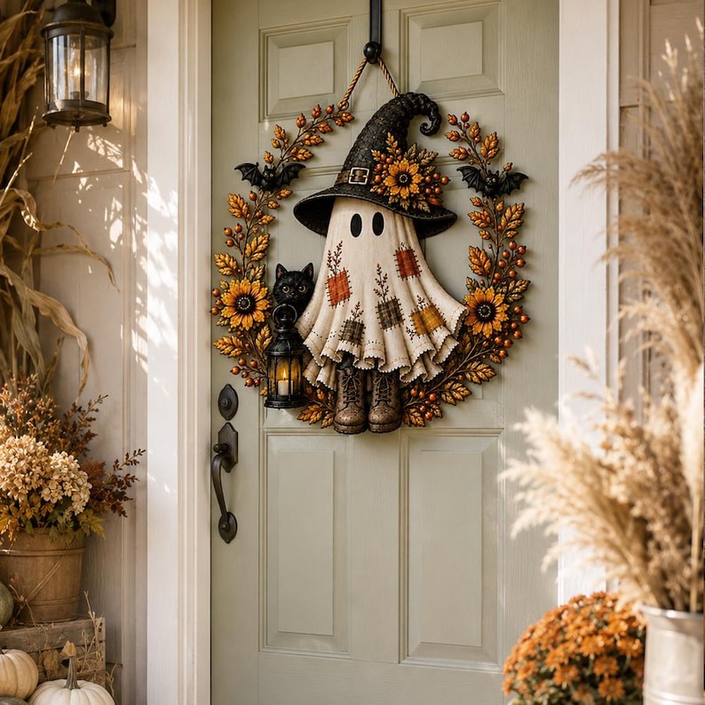 May include: A circular wreath featuring a central ghost figure wearing a black witch hat with sunflowers, brown boots, and a patchwork fabric body. The wreath is decorated with autumn leaves, sunflowers, and two black bats, with a black lantern.