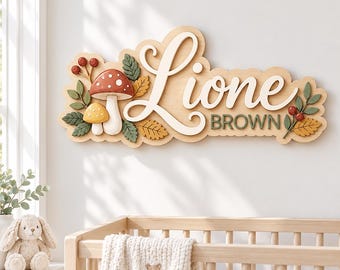 Personalized Mushroom Baby Name Sign, Woodland Nursery Wooden Name Plaque, Custom Forest Room Decor, 3D Kids Wall Sign, Baby Shower Gift