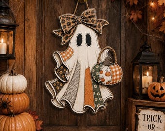 Halloween Ghost Door Hanger, Rustic Patchwork Door Sign, Primitive Fall Home Decor, Spooky Front Door Decor, Halloween Gift