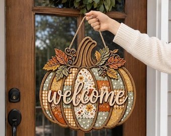 Pumpkin Welcome Door Hanger, Patchwork Fall Door Sign, Rustic Autumn Wood Decor, Farmhouse Porch Wreath, Thanksgiving Gift