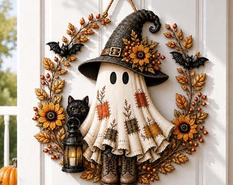 Halloween Ghost Door Hanger, Patchwork Witch Ghost & Black Cat Wood Sign, Spooky Fall Front Door Decor, Rustic Autumn Halloween Sign