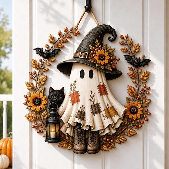 Halloween Ghost Door Hanger, Patchwork Witch Ghost & Black Cat Wood Sign, Spooky Fall Front Door Decor, Rustic Autumn Halloween Sign