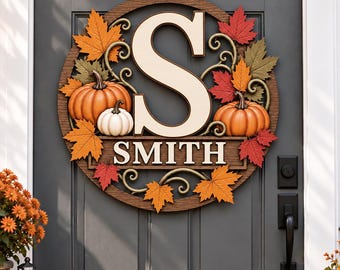 Personalized Fall Door Hanger, Custom Family Name Monogram Sign, 2 Layer Wooden Pumpkin Decor, Autumn Front Door Sign, Housewarming Gift