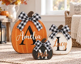 Set of 3 Personalized Monogram Pumpkin Wooden Blocks, Custom Family Name Fall Decor, Buffalo Plaid Pumpkins, Thanksgiving Gift