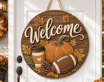 Fall Football Wood Sign, Pumpkin Welcome Door Hanger, Rustic Autumn Front Door Decor, Farmhouse Football Wreath, Thanksgiving Porch Decor