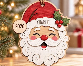 Personalized Santa Ornament 2026, Custom Wooden Christmas Ornament, Kids Name Ornament, Santa Claus Tree Decor, Holiday Keepsake Gift