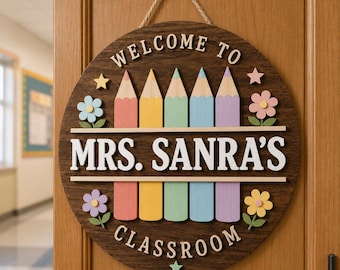 Personalized Pencil Teacher Door Sign, 3D Wooden Classroom Name Sign, Welcome Classroom Door Hanger, Back to School Teacher Gift