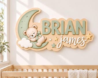 Personalized Teddy Bear Baby Name Sign, Moon Nursery Wooden Name Plaque, 2 Layer Boy Room Decor, Custom Kids Sign, Baby Shower Gift
