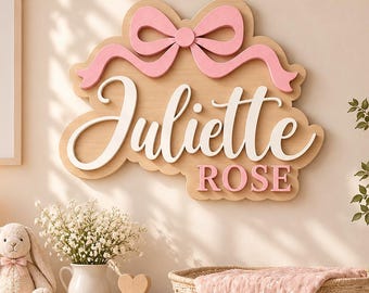 Personalisiertes zweilagiges Namensschild mit Schleife fürs Babyzimmer, individuelle Wanddekoration aus Holz, großes Namensschild mit Schleife für Mädchen, Geschenk zur Babyparty, Dekoration fürs Mädchenzimmer