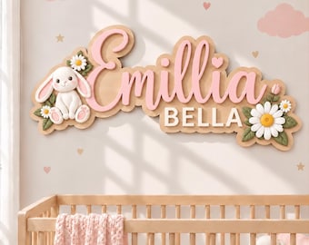 Personalized Bunny Baby Name Sign, Floral Nursery Wooden Name Plaque, Custom Baby Girl Room Decor, Rabbit Nursery Sign, Baby Shower Gift