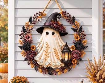 Dark Coquette Ghost Halloween Door Hanger, Witch Ghost Wood Sign, Gothic Floral Wreath Decor, Spooky Fall Front Door Sign, Halloween Porch