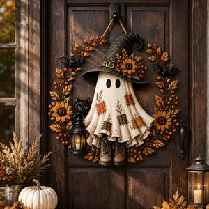May include: A decorative wreath featuring a central ghost figure wearing a black witch hat, brown boots, and a patchwork-patterned sheet. The wreath is adorned with autumn leaves, sunflowers, small black bats, and a black lantern with a cat.