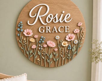 Personalized Wildflower Name Sign, Custom Round Wooden Name Plaque, Floral Nursery Decor, Boho Baby Girl Room Decor, New Baby Gift