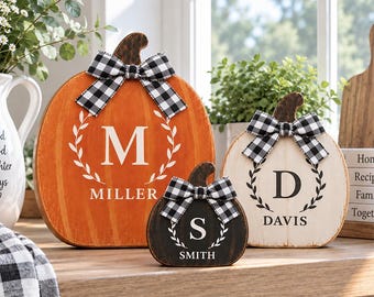 Personalized Monogram Pumpkins, Set of 3 Wooden Pumpkin Blocks, Custom Name Fall Decor, Rustic Halloween & Thanksgiving Table Decor