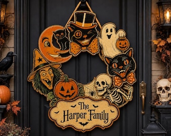 Personalized Vintage Halloween Door Sign, Custom Family Name Wooden Wreath, Retro Black Cat Ghost Pumpkin Front Door Decor