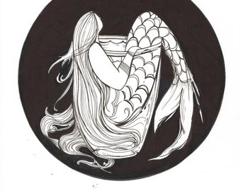 Mermaid Black and White Ink Handmade Drawing Original