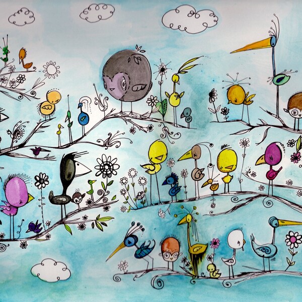 Watercolor Ink drawing original 9x12 birds birds all kinds of birds NOT A PRINT