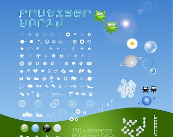 Frutiger Aero Graphics Vector Pack, SVG PNG files, Y2K Eco Metro, hi-res retro futuristic graphics, flat vectors 3D objects and backgrounds