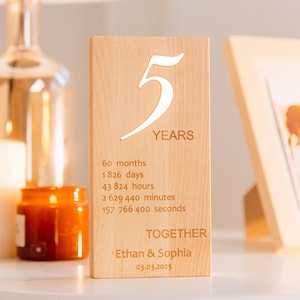 Presente personalizado de 5º aniversário para esposa. Placa para o melhor dia. Presente sentimental de aniversário. Anos, meses, semanas e dias. Placa para datas importantes.