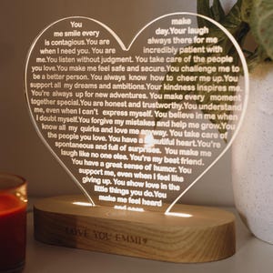 Kundenspezifisches Nachtlicht. Schreiben Sie Ihren Text auf ein Nachtlicht. Dinge, die ich an Dir mag. Romantisches Geschenk. Einzigartiges Jubiläumsgeschenk. Liebe Dich Herz Licht.