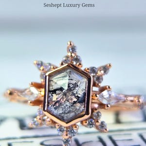 Salt & Pepper Herkimer Diamond Snowflake Rose Gold Vermeil Ring | April Birthstone | Minimalist Engagement | Winter Wedding Gift for Her
