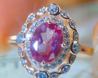Rose Gold Vermeil Alexandrite Ring, Double Halo Vintage Engagement Ring Diamond
