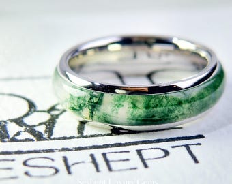 Natural Moss Agate Gemstone Band Ring Unique Silver Engagement Jewelry His Hers Wedding Band Superior Grade Gemstones Anniversary Promise