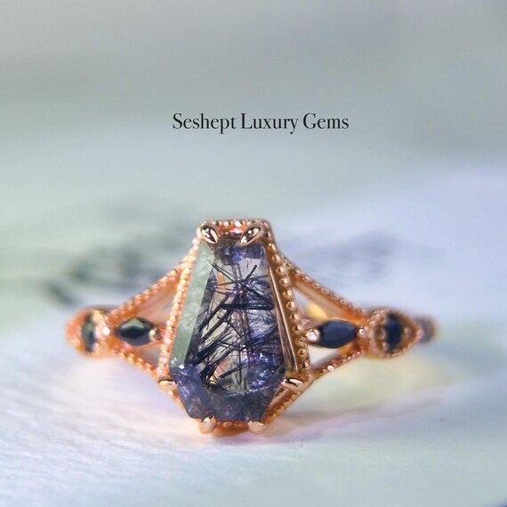 Black Rutilated Quartz Coffin Cut Gemstone Rose Gold Vermeil Ring