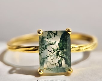 Natural Moss Agate Ring Emerald Cut Dainty S925 Sterling Silver Gold Minimalist Solitaire Ring Jewelry Gift for Her Nature-Inspired Ring