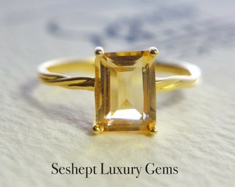 Dainty Emerald Cut Citrine Ring November Birthstone Gold Minimalist Solitaire Jewelry Handmade for Her Promise Ring S925 Sterling Silver