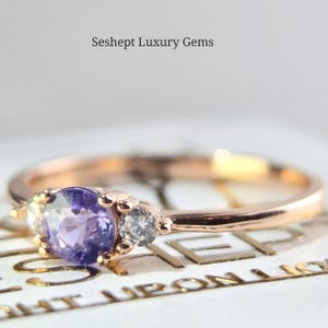 Intense Violet Tanzanite Purple Natural Genuine Three Stone Engagement Ring Round Delicate Simple December Birthstone S925 Silver Minimalist