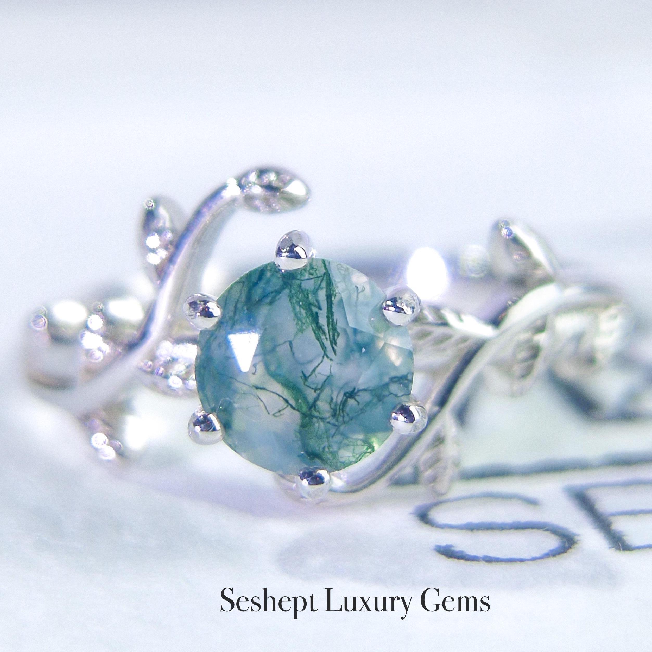Moss Agate Green Vine Ring Round Cut Natural Gemstone S925 Silver Ring Nature Inspired Engagement Bridal Promise Everyday for Her Wedding