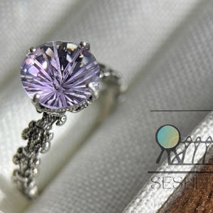 Bague améthyste ronde de créateur artistique avec pierres précieuses de taille fantaisie en argent sterling 925, violet, cadeau pour bague de fiançailles réglable vintage Coffret image 1