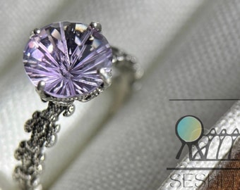 Bague améthyste ronde de créateur artistique avec pierres précieuses de taille fantaisie en argent sterling 925, violet, cadeau pour bague de fiançailles réglable vintage - Coffret