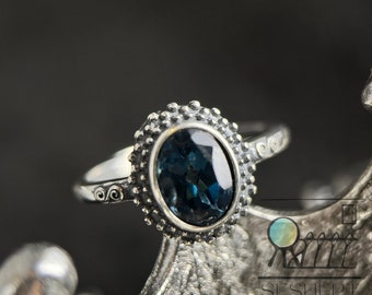 Bague vintage avec topaze bleue de Londres, cadeau d'anniversaire de créateur en argent sterling 925 - Coffret cadeau disponible