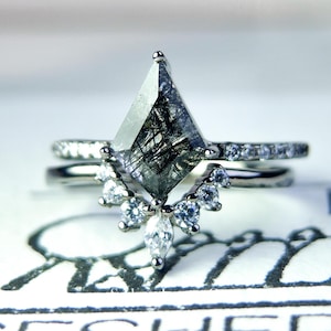 Black Gold Kite Cut Black Rutilated Quartz Engagement Ring Set Unique White Gold Promise Ring CZ Wedding Ring Bridal Set Ring for Her