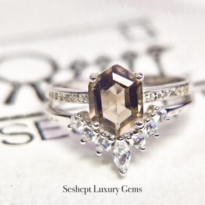 Shield Smoke Quartz Long Hexagon Ring Set S925 Sterling Silver Minimalist Stacking Ring For Her Engagement Wedding Elongated Hexagon