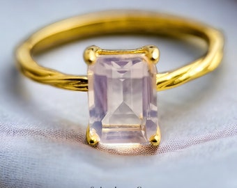Natural Lavender Amethyst Ring Dainty Emerald Cut Gold Ring S925 Sterling Silver Purple February Birthstone Gift for Her Ring Birthday