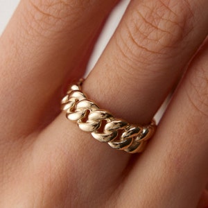 14K Real Solid Gold Chain Ring, Gold Link Chain Ring, Cuban Link Ring, Stacking Ring, Gold Minimalist Ring, Curb Chain Ring, Bold Chain Ring