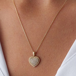 14K 本物の純金ハートネックレス、ゴールドストーンパヴェハートネックレス、ゴールドラブペンダント、ゴールドレイヤードハートネックレス、ゴールドハートチャーム、
