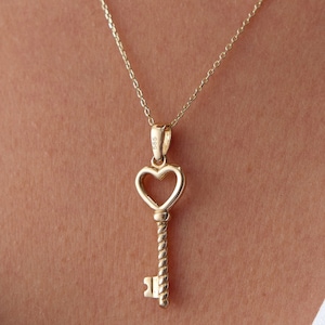 14K Real Solid Gold Heart Key Necklace, Gold Key Charm Pendant, Gold Key Necklace, Gold Love Necklace, Romantic Gift For Girlfriend