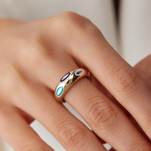 14K Real Solid Gold Enamel Ring, Gold Dome Ring, Statement Ring, Tiny Dome Ring, Pinky Signet Ring, Gold Colorful Ring