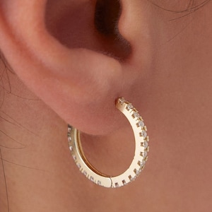 14K Real Solid Gold Pave Hoop Earrings, Gold Huggie Earrings, Huggie Hoop Earrings, Dainy Minimal Earrings, Pave Huggie Earrings