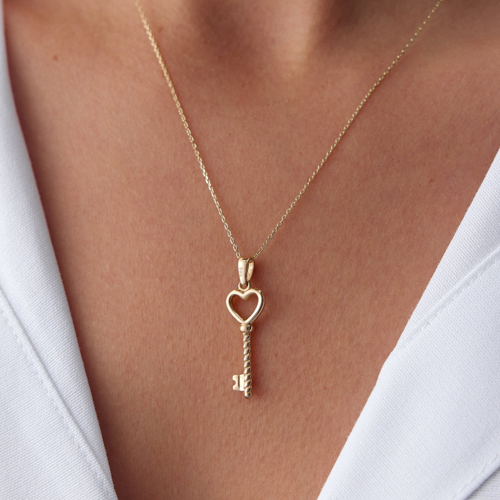 14K Real Solid Gold Heart Key Necklace, Gold Key Charm Pendant, Gold Key Necklace, Gold Love Necklace, Romantic Gift For Girlfriend